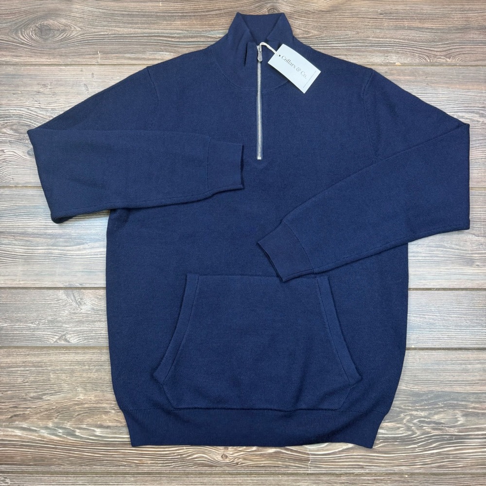 Collars & Co Mens M Quarter Zip Sweater Navy Napoli Collection Kangaroo NWT